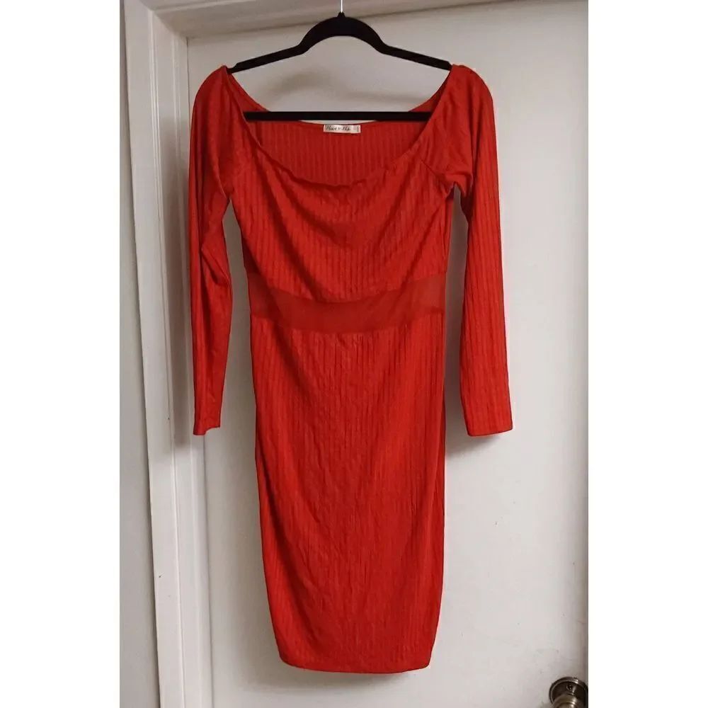 Pretty Red Ridged Knit Center Mesh Panel Midi Dress Sz Large